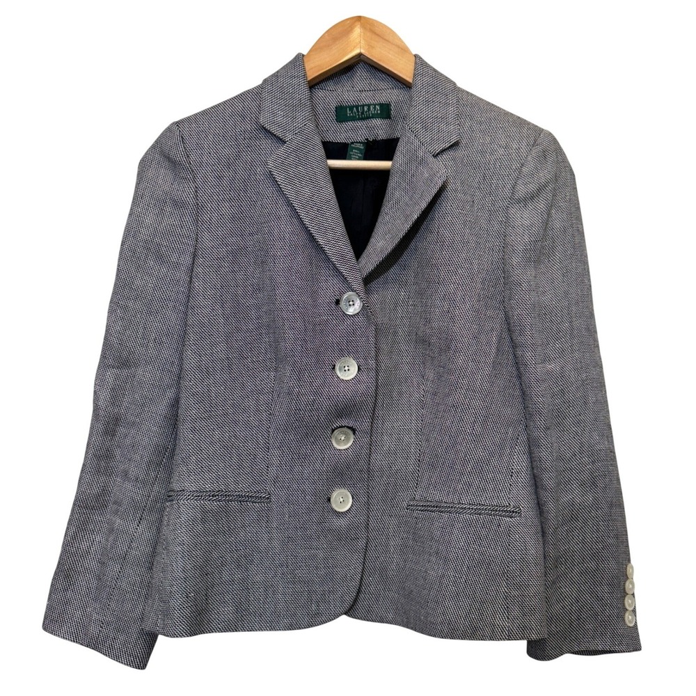 Lauren Ralph Lauren Womens Blazer 6P Black White Linen Herringbone Dark Academia